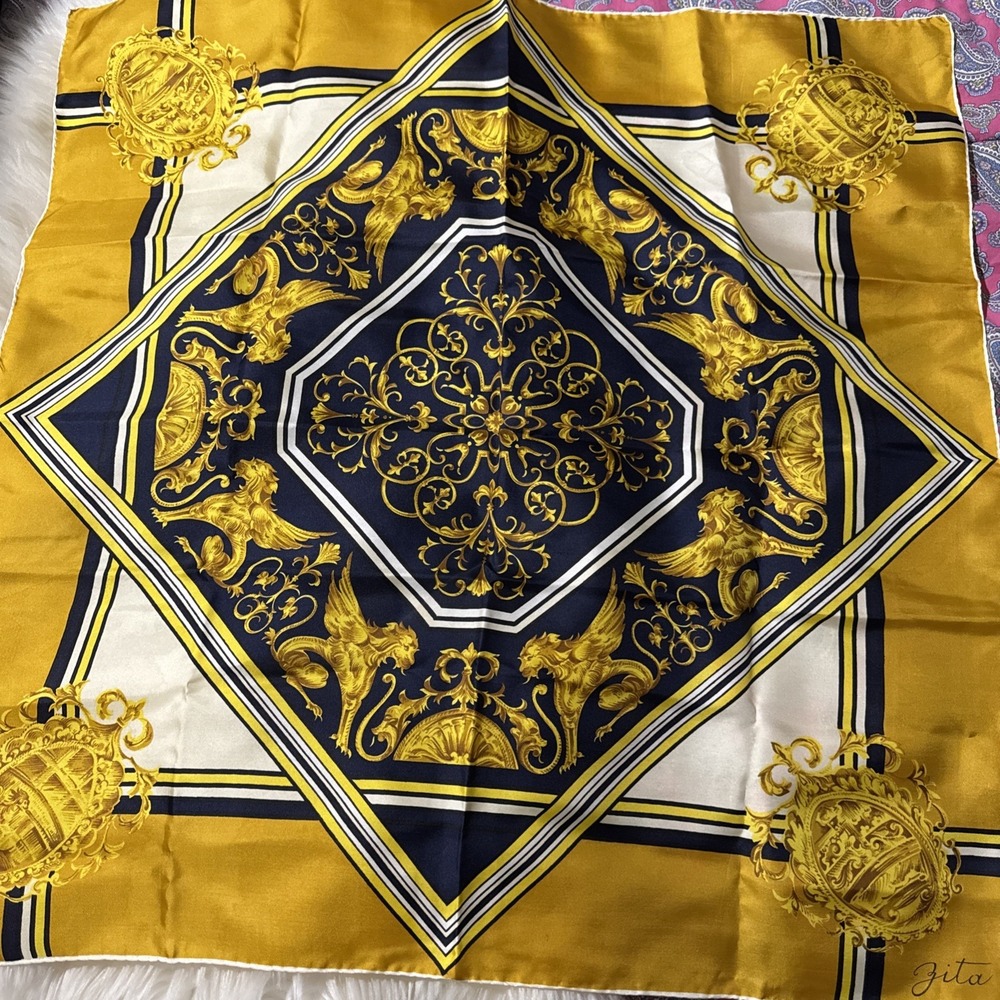 Vintage 1970's Zita Italy 100% Silk Art Nouveau Themed Scarf Hand Rolled 30x30